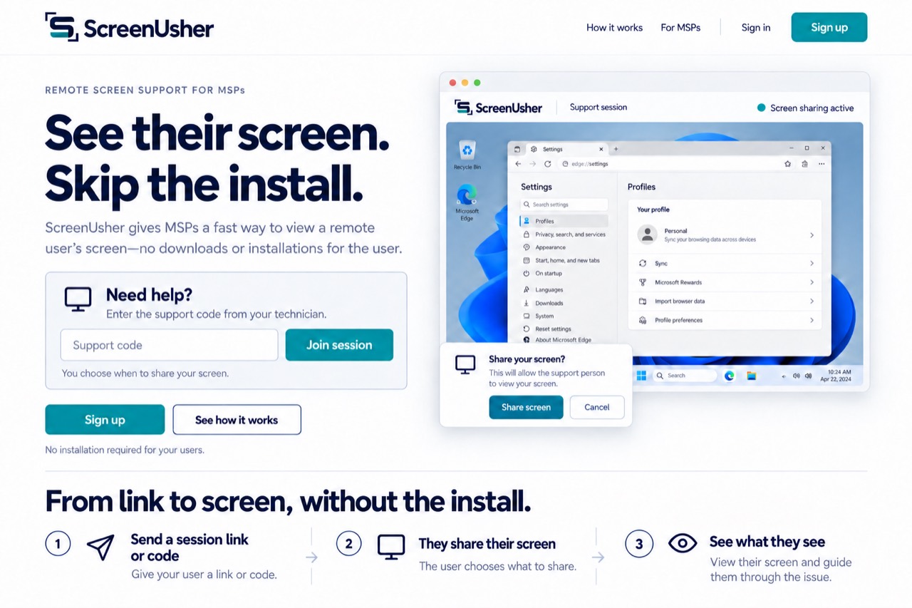 Example support session showing a user's screen and the choice to share or cancel